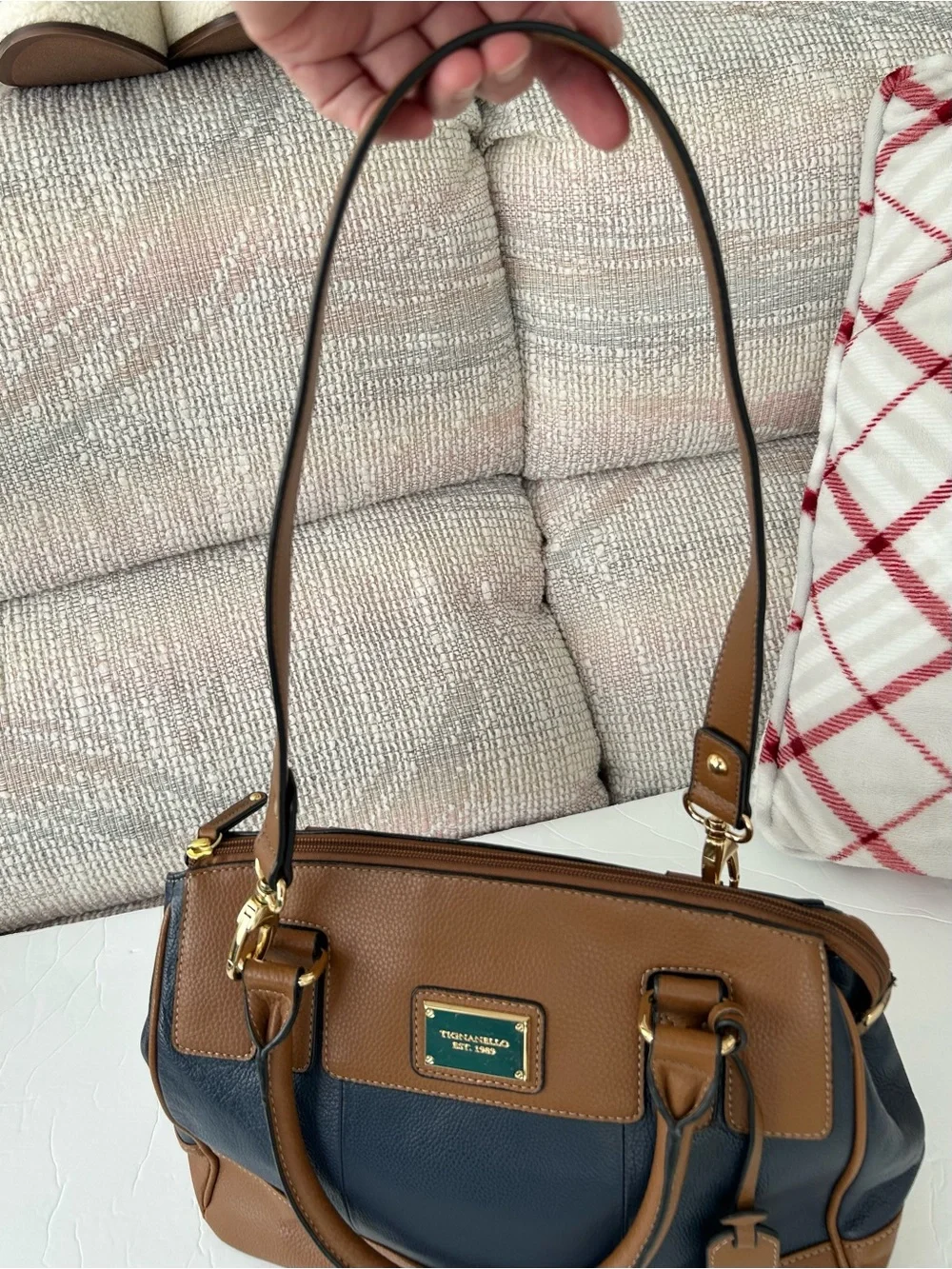 Tignanello Est. 1989 Brown Navy Leather Handbag Plus Shoulder Bag Gold Hardwar
